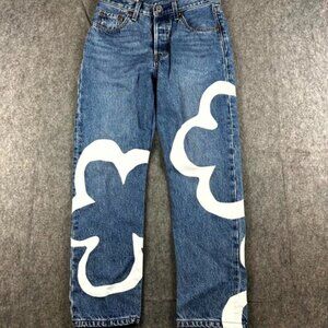 Crop Jeans Women Fits Blue Paint by Number Denim Button Fly